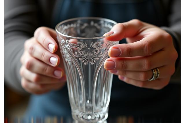 Detaljeret billede af en glasekspert, der omhyggeligt reparerer en kant af en gammel glasvase